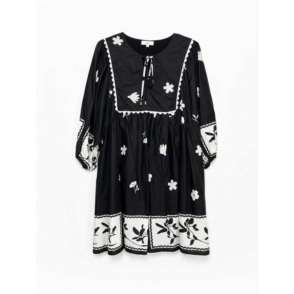 Entro Black White Floral Babydoll Mini Dress Large L Cottagecore Boho Folk